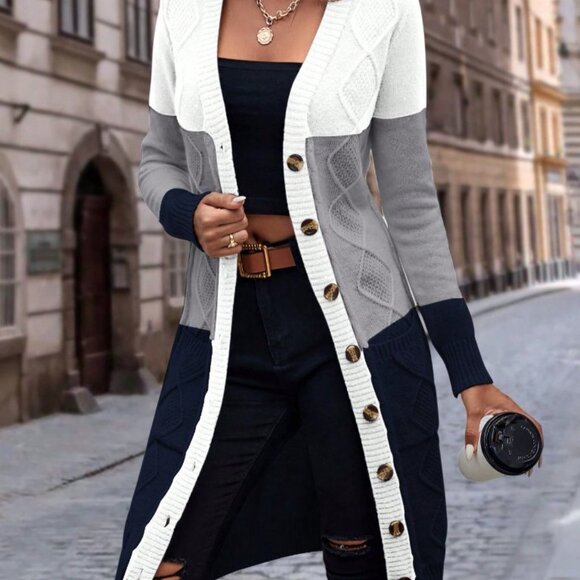 Multicolor Casual Women's Long Sleeve Color Block Cardigan - Picture 3 of 6